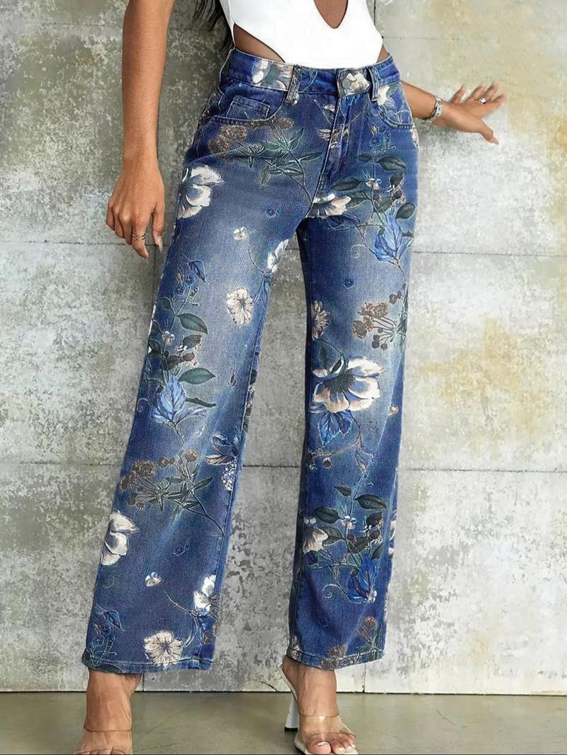 NVFelix High-Rise Vintage Floral Straight Leg Pants for Women Summer Casual Denim Pants Denim Clothing