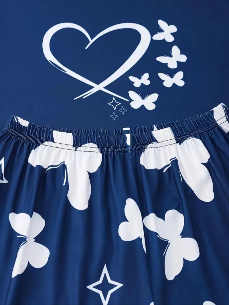 Women's Butterfly Print Tee & Pants Pyjama Two-piece Set, Casual Comfy Round Neck Short Sleeve T-shirt & Trousers PJ Set, Ladies Sleepwear for All Seasons, Pajama Sets, Glam Lounge Wear, Pajamas, Lounge Sets, Loungewear Pjs Set