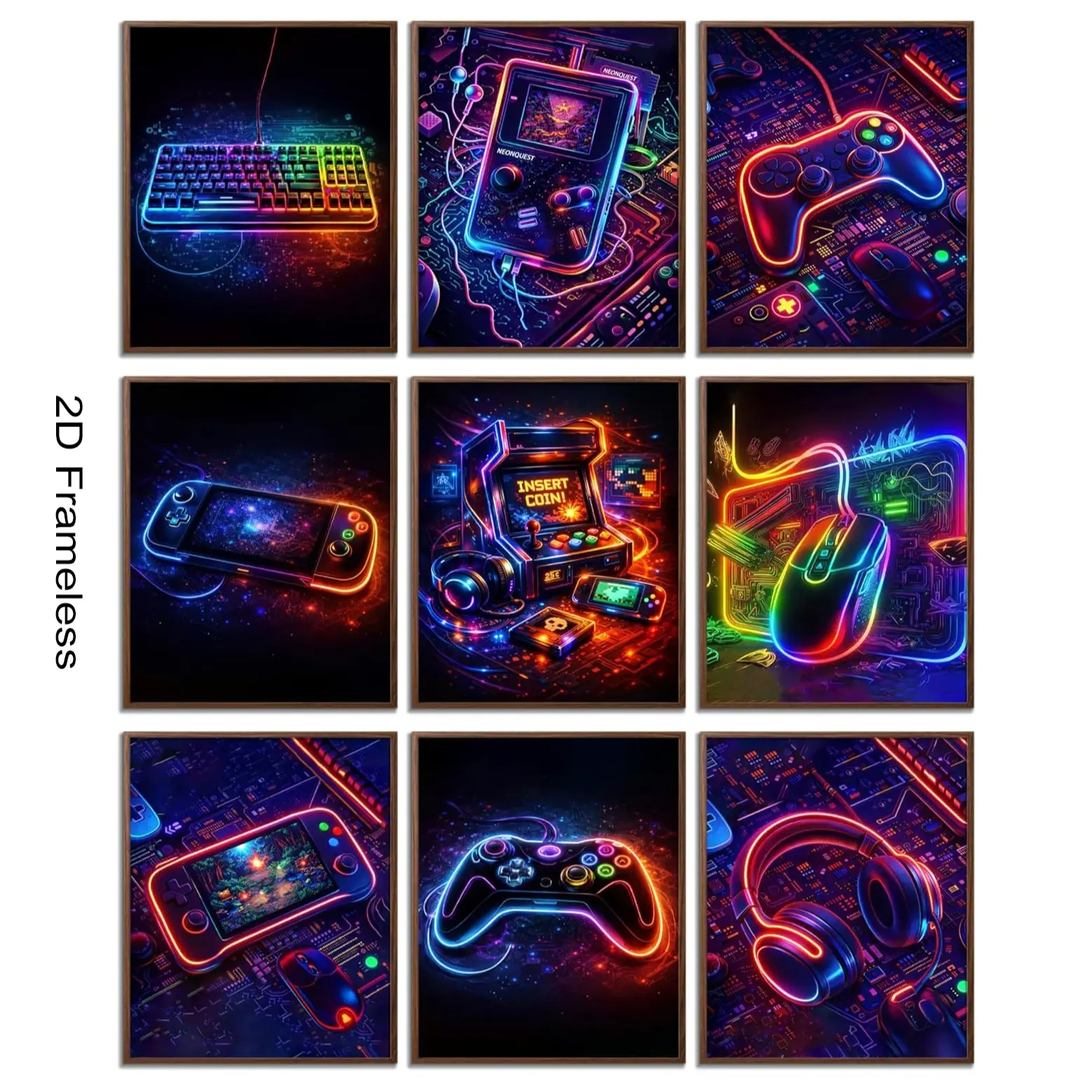 9-piece set, video game mural set, neon video game posters, video game wall decor for gaming setups, game rooms, and teenage boys' bedrooms—includes controller, keyboard, and arcade-themed decorations; frameless