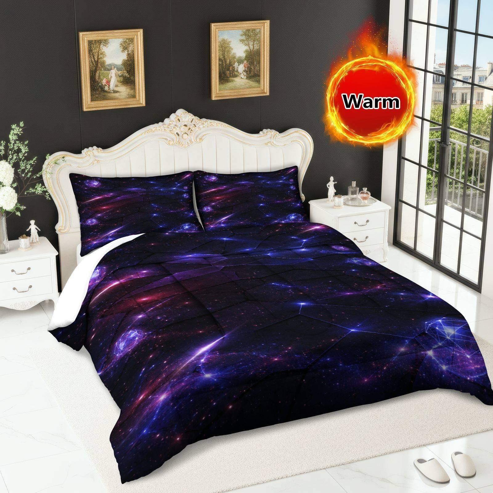 Galaxy Starry Sky Bedding Set, Soft Breathable Polyester, Includes 1 Quilt and 2 Pillowcases, Universe Theme