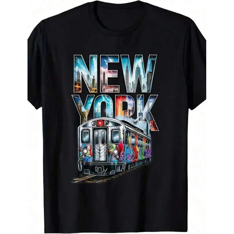 1pc Man' New York Subway Print Black TShirt Crew Neck Casual Cotton Tee Medium Stretch Knit Fabric Regular Fit For Boys Man