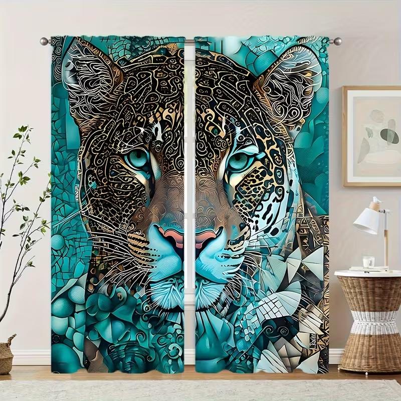 Polyester Material High-Definition Digital Print Blue Tiger Pattern Curtains, Light Filtering Drapes for Bedroom Living Room Office Home Decor