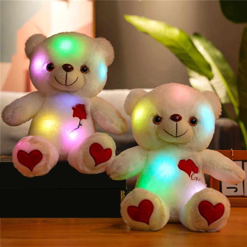 Glow-in-the-Dark Light-Up LED Teddy Bear Plush Toy with Heart and Rose Lights, Soft and Cuddly Plush Animal with Expressive Eyes, Warm White and Colorful Lights, Valentine's Day, Birthday and Anniversary Gift for Kids and Adults