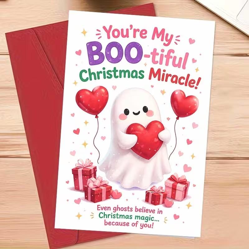 Adorable Christmas Greeting Card with Envelope, Cute Ghost Holding Heart, 'you Are My Beautiful Miraculous' for Partner, Festive Cartoon Style