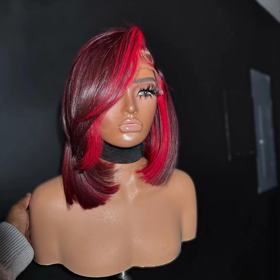 Highlight Red 99J Bob Wig Human Hair 180 Density 13x4 Lace Frontal Wigs for Women Red Highlight Burgundy Transparent Lace Frontal Straight Short Bob Wig Human Hair Wigs Pre Plucked SpringStatements