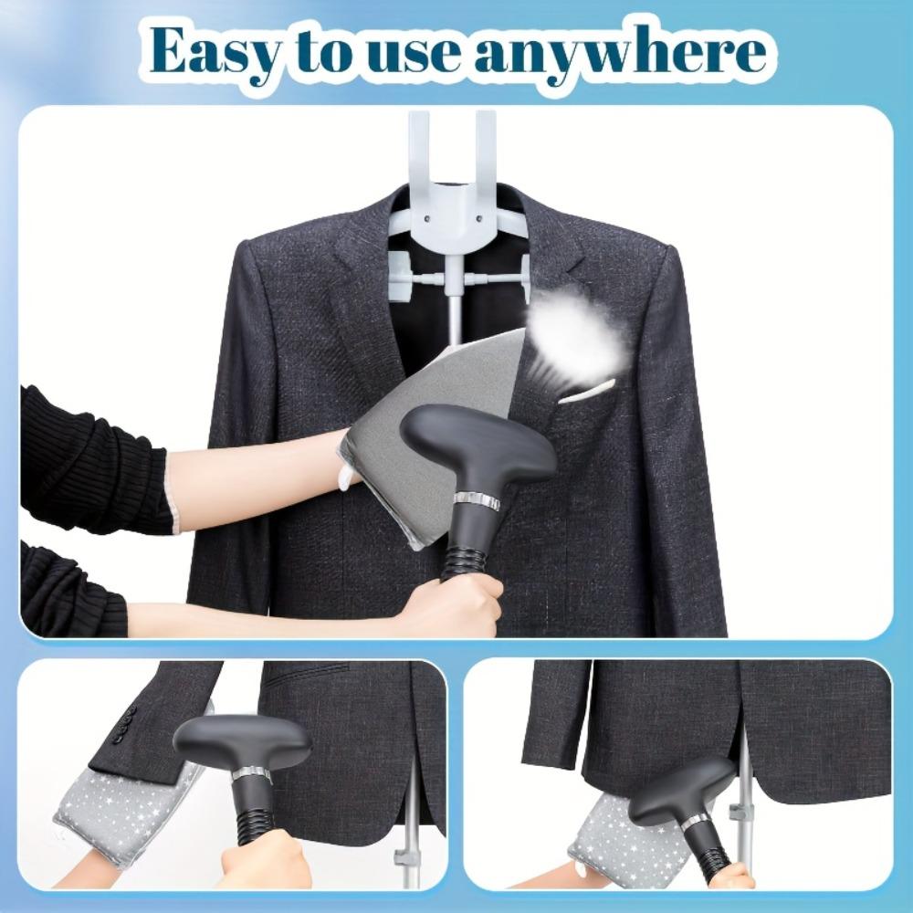 1 set includes 1 ironing hanger + 1 handheld ironing board. Retractable height adjustable, foldable for space saving and easy to carry. Thickened tube with strong load-bearing capacity, can store clothes. Suitable for home, hotel and dormitory use.