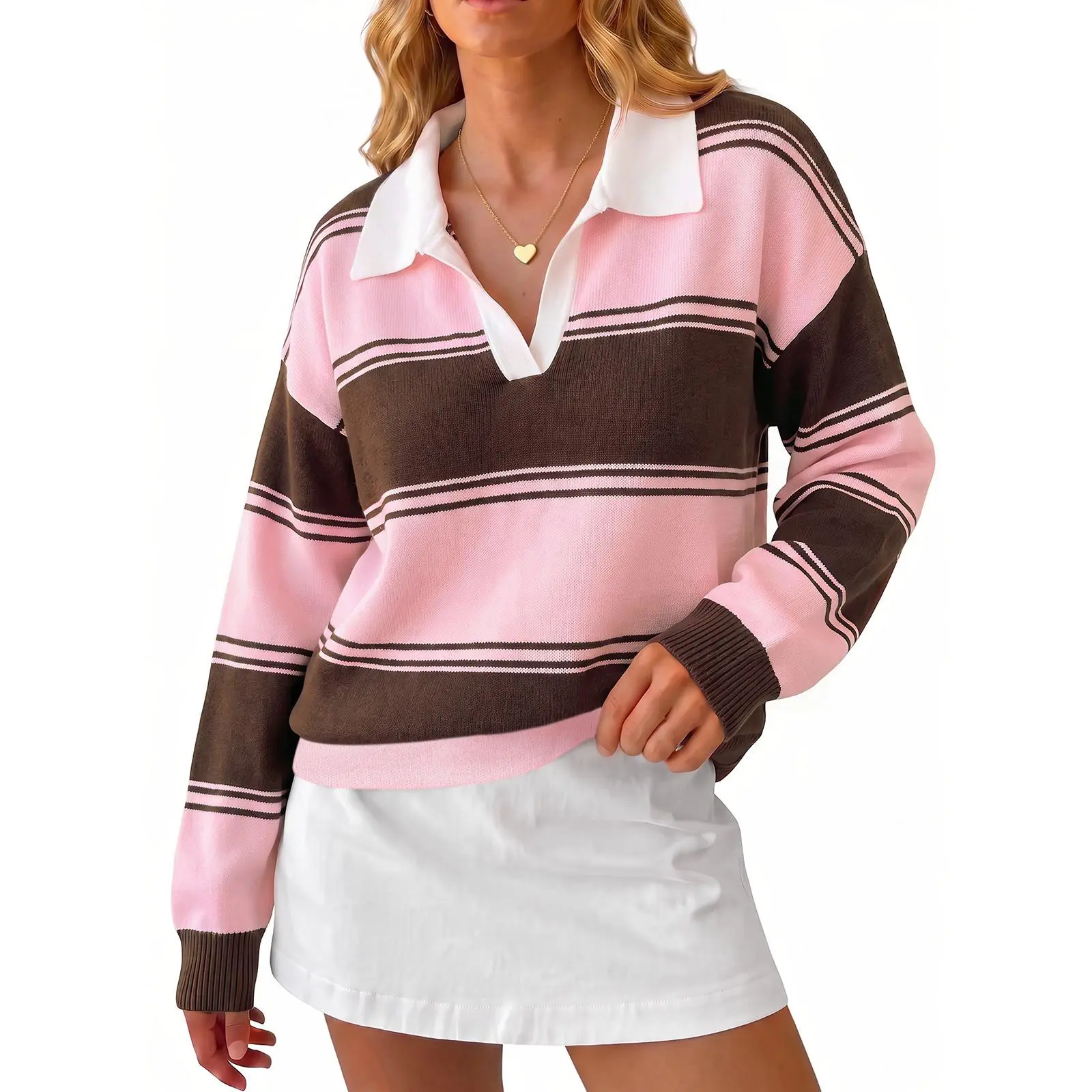 Cicy Bell Women Striped Sweater Polo V Neck Long Sleeve Pullover Knit Tops | Color Block, Trendy Casual, Loose Fit, Fall Winter, Warm Sweater, Collar Lapel