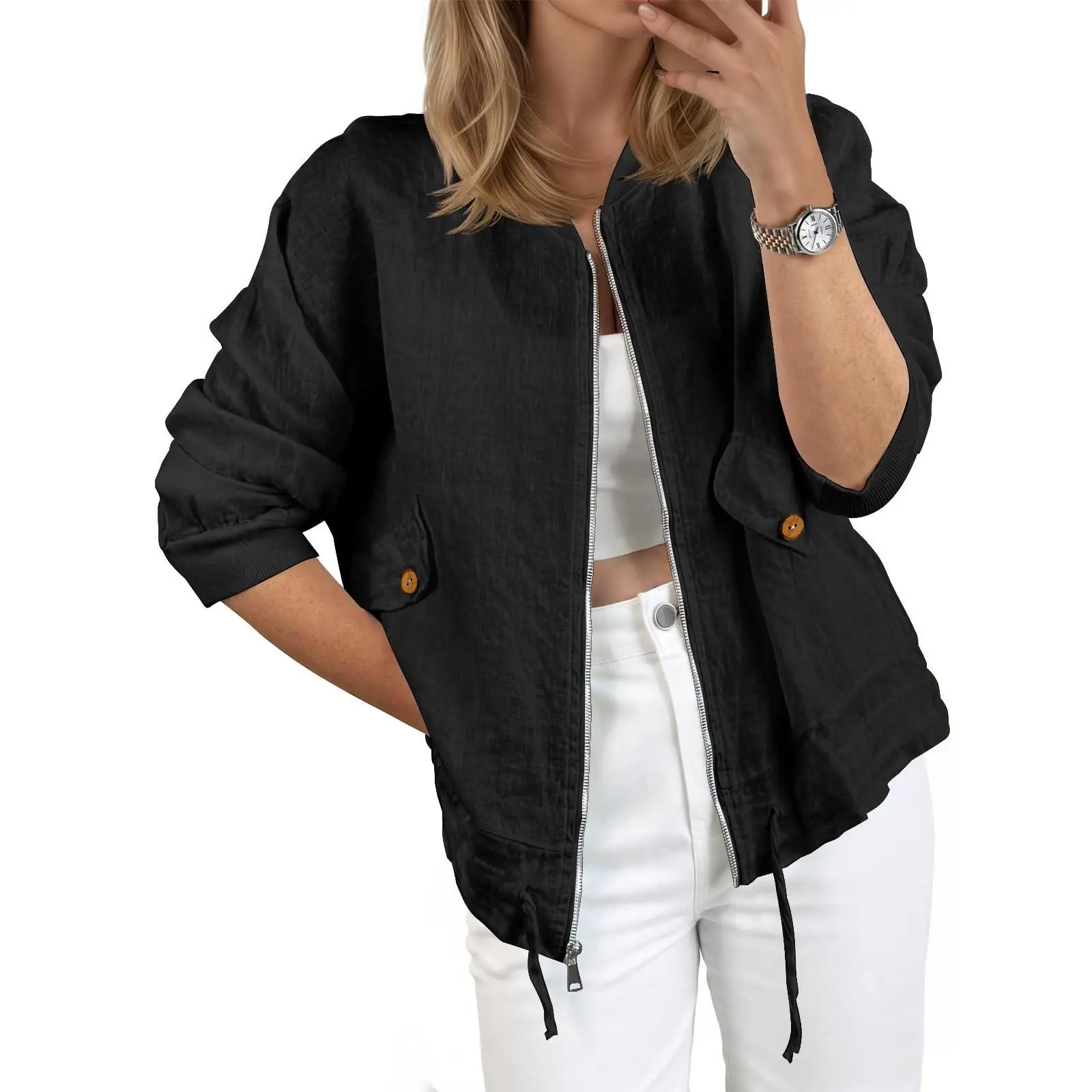 Tankaneo Womens Lightweight Bomber Jackets Casual Zip Up Drawstring Cotton Linen Jacket With Pockets