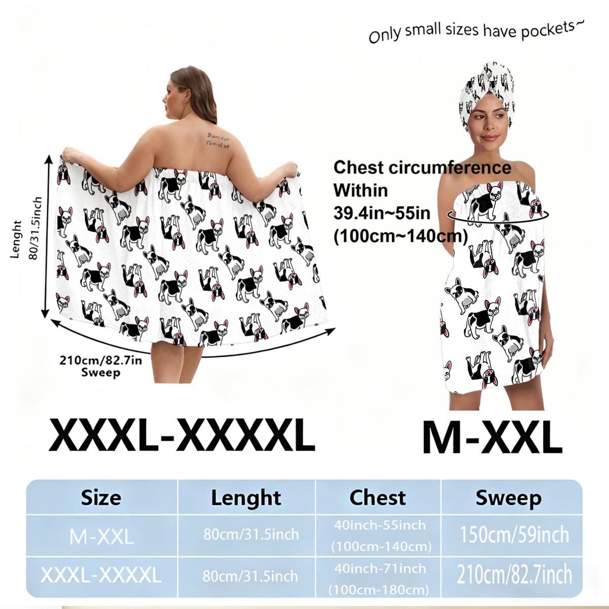 Bulldog print bath skirt + hair drying cap set, plus sizes M-XXXXL, high-quality microfiber, soft and absorbent, non-slip adjustable shower wrap, multi-purpose spa bathrobe, suitable for dog lovers, bathrooms, pools, and beaches