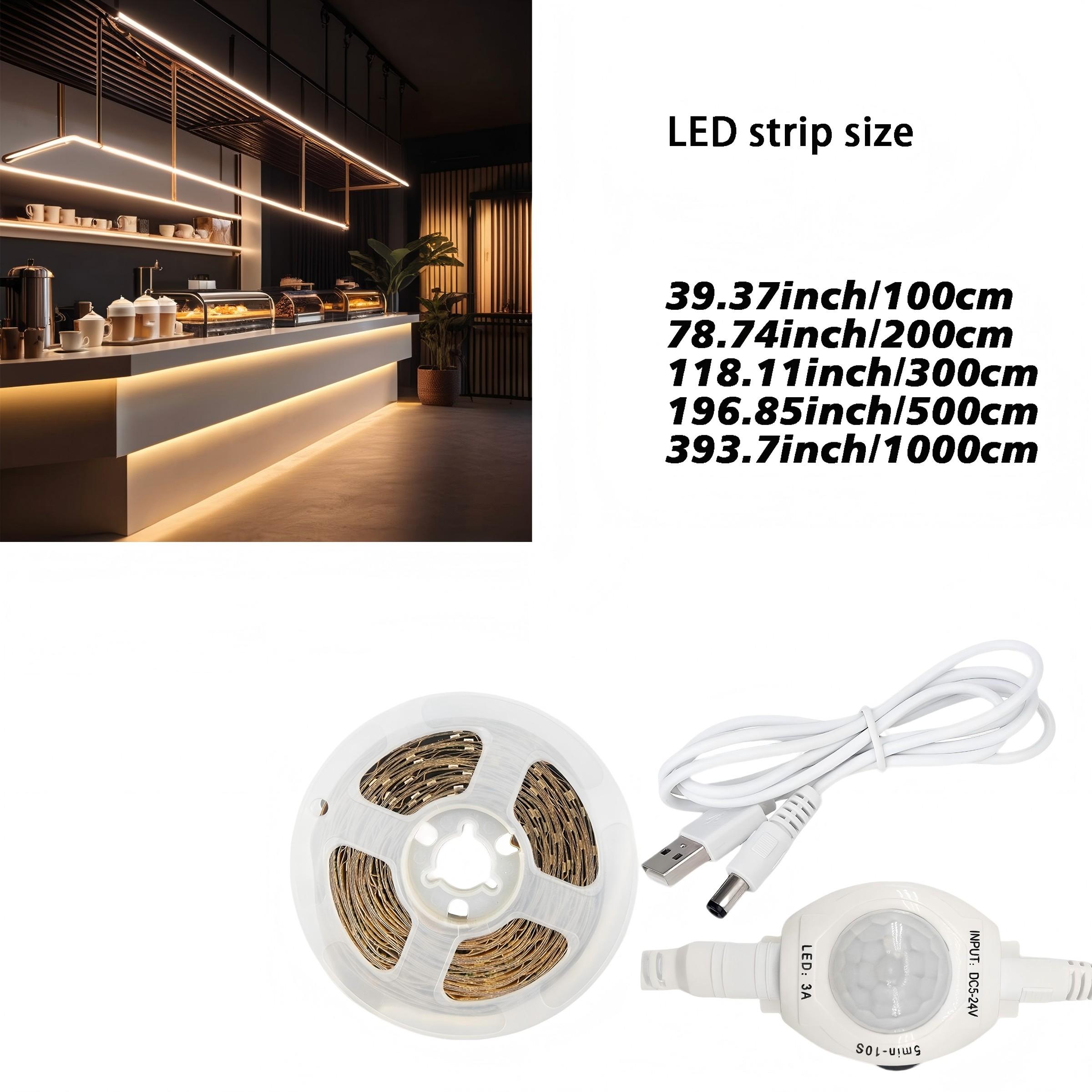 This 5V LED light strip features motion sensing capabilities, is USB powered, and is available in white and warm colors. It can be used in various settings such as bedrooms, kitchens, and cabinets.