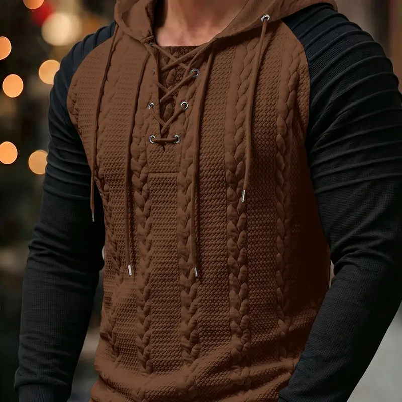 Men's Relaxed-Fit Cable-Knit Pullover Hoodie, Lace-Up with Drawstring, Long-Sleeve Hoodie for Fall & Winter, Casual
