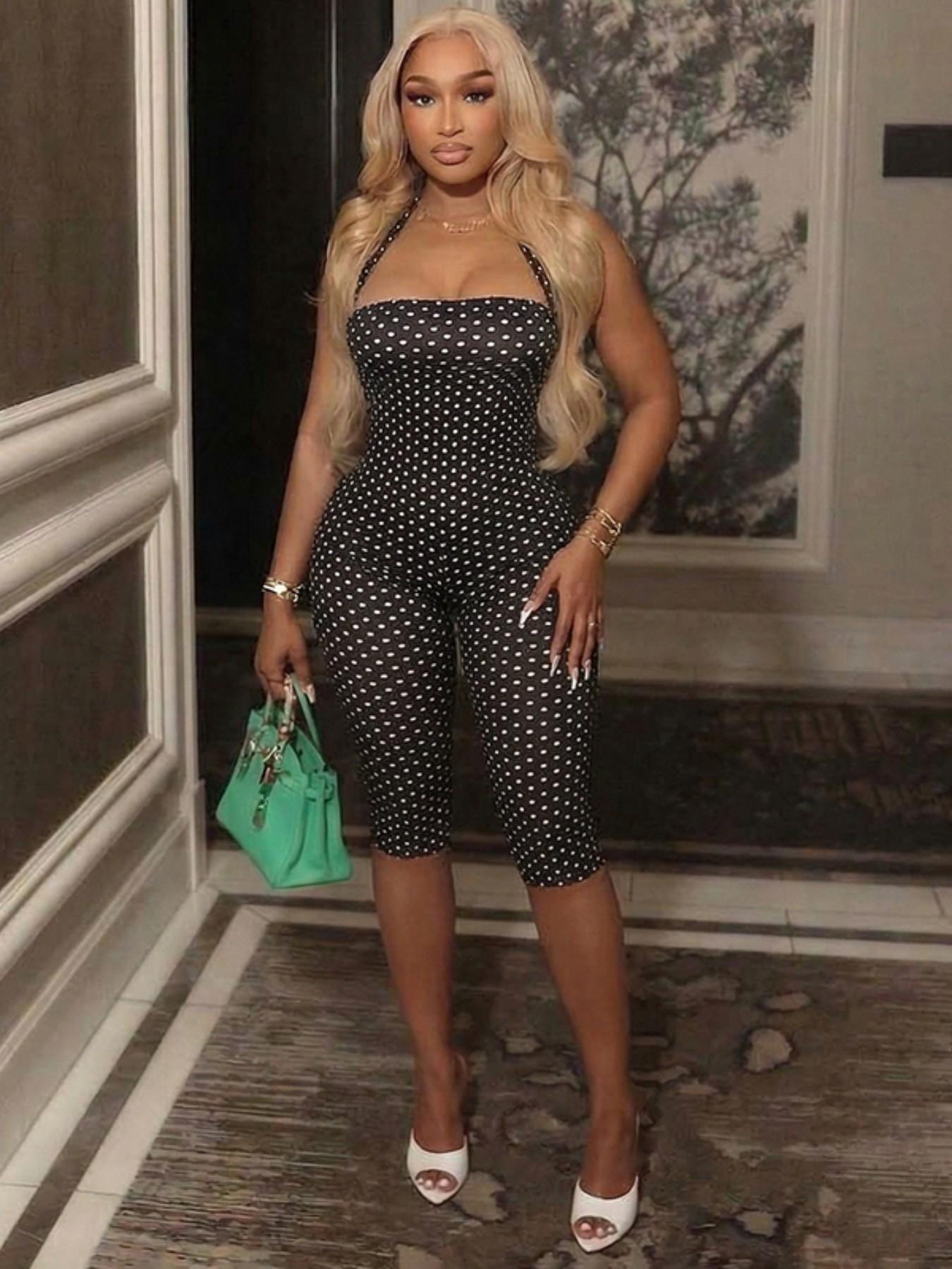 Women's Polka Dot Sleeveless Halter Bodycon Fit Long Pants, Elegant Retro Chic Style, Perfect for Daily Commute and Dates Women's Polka Dot Sleeveless Halter Bodycon Fit Long Pants, Elegant Retro Chic Style, Perfect for Daily Commute and Dates