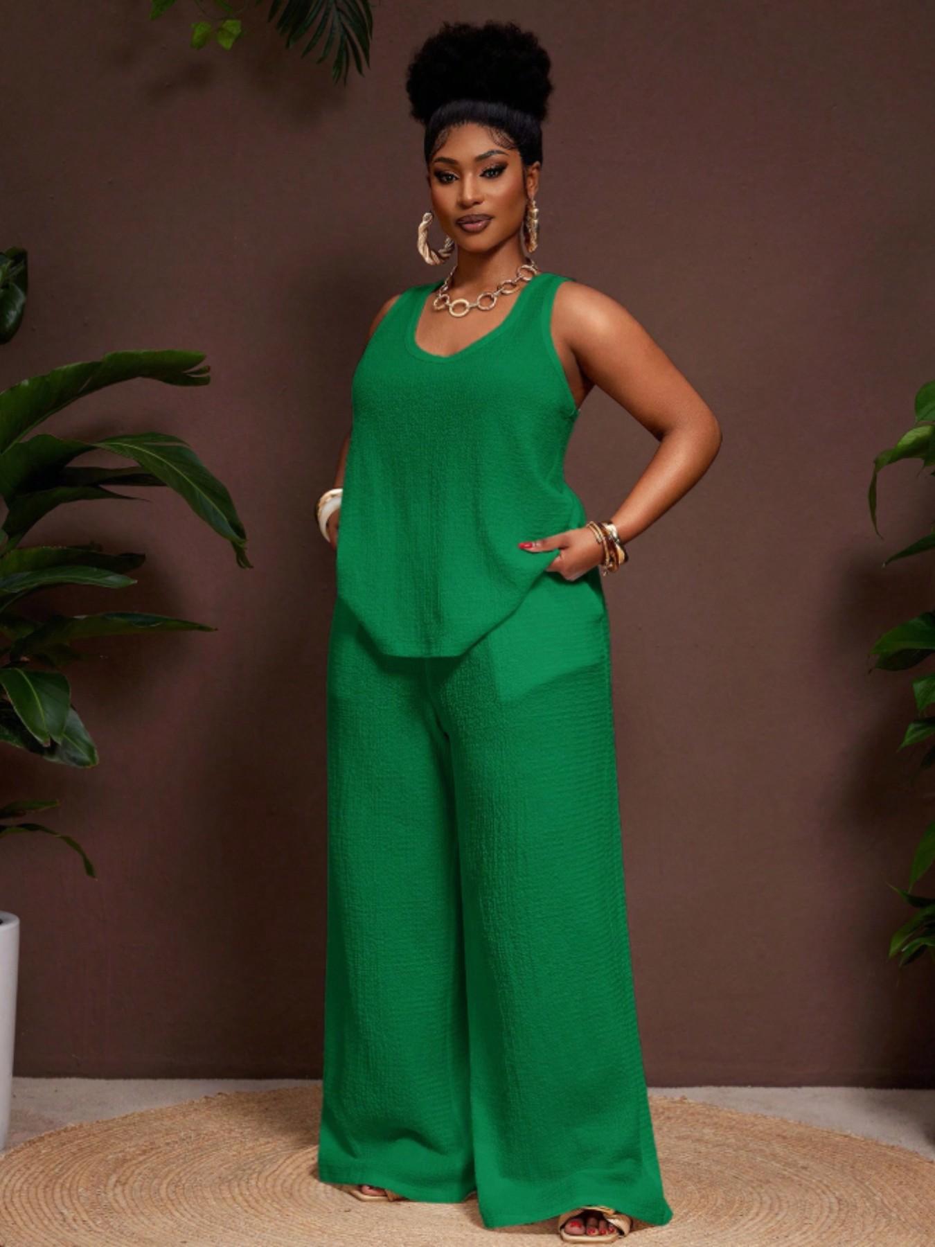 Women's Plus Size Womenswear Fashion Business Casual Vacation 2-Piece Set, Comfortable U-Neck Sleeveless Top with Pockets, Loose Fit Wide Leg Pants Clothes