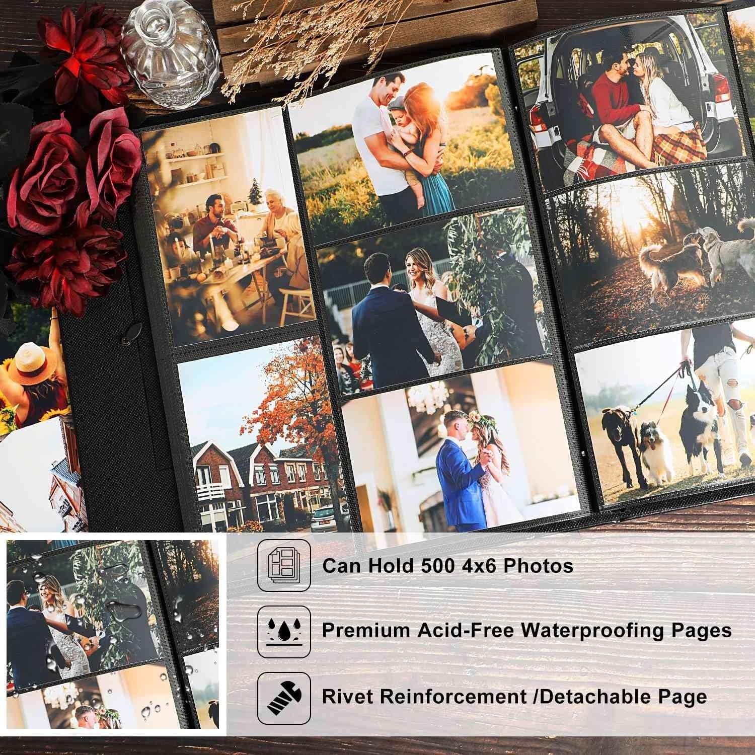 Photo Album 4x6 500 Photos Black Pages Leather Cover Wedding Family Photo Albums Holds 500 Horizontal and Vertical Photos