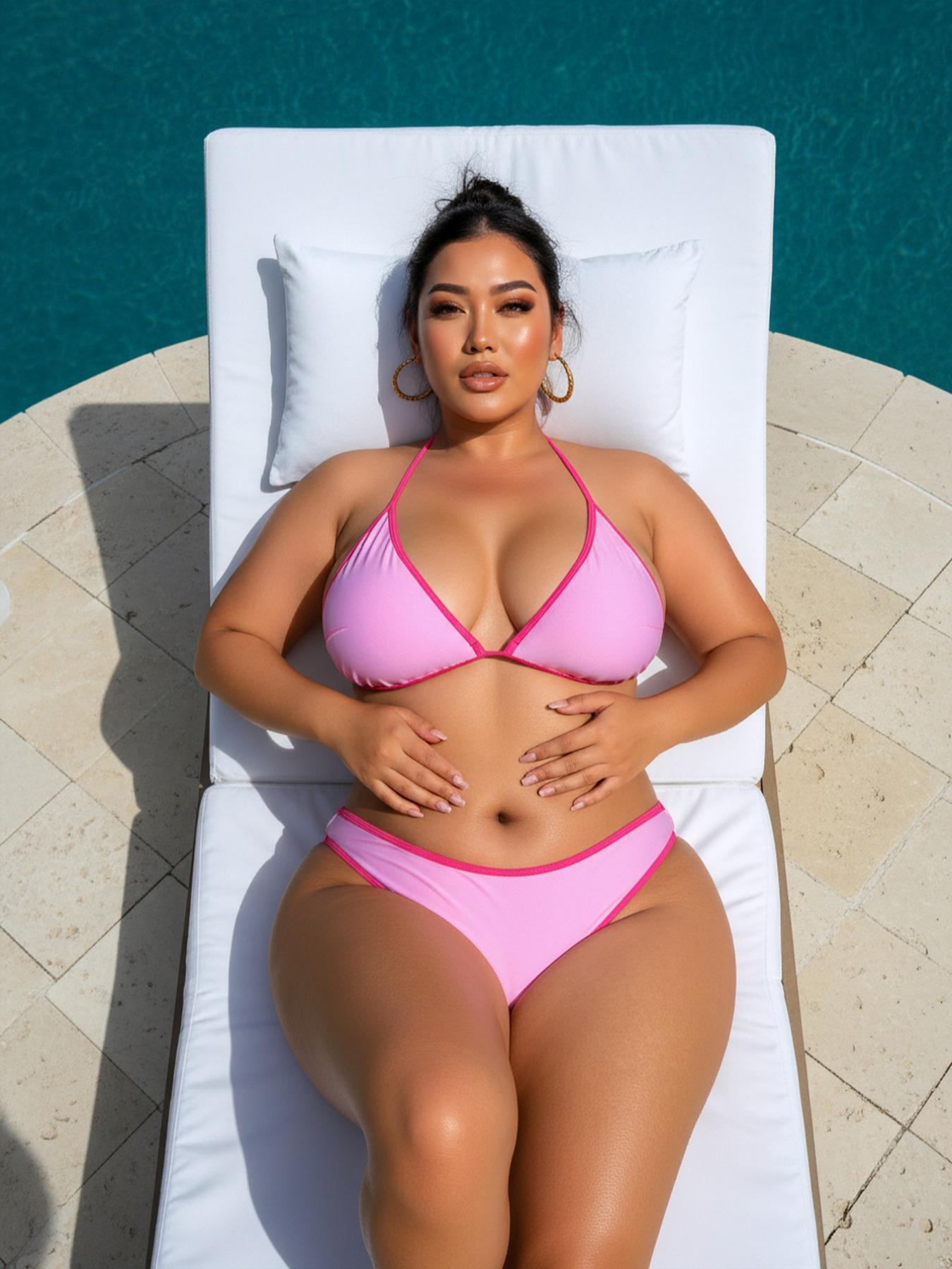 Plus Size Women's Triangle Bikini Set, Two-Piece Strap Swimsuit with Side Tie Bottoms, Plain Bikini Set, Perfect for Outdoor Fun & Father's Day Gift