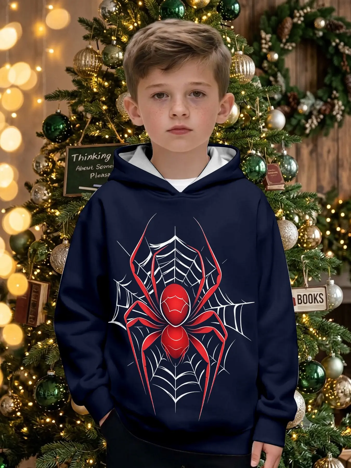 Boys' Spider Web Print Hoodie, Casual Fitted Sweatshirt for Outdoor Activities, Perfect Christmas and Birthday Gift, Ages 1-14