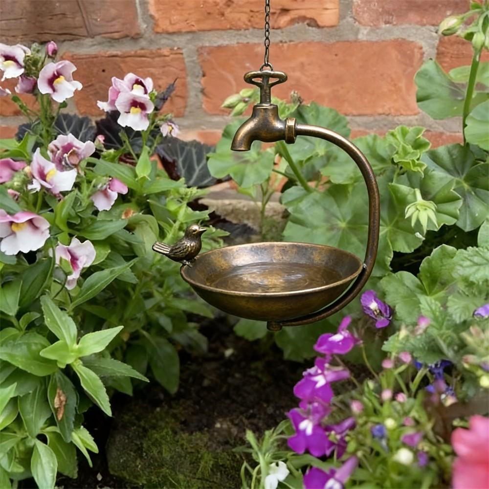 Vintage Style Hanging Bird Feeder, Hummingbird Feeder, Simple Metal Feeder with Faucet Design, Multi-Functional Bath Bowl with Bird Decorations, Suitable for decorating Outdoor Yards, Balconies, And Gardens, best gift for bird lovers, Metal Bird Feeders