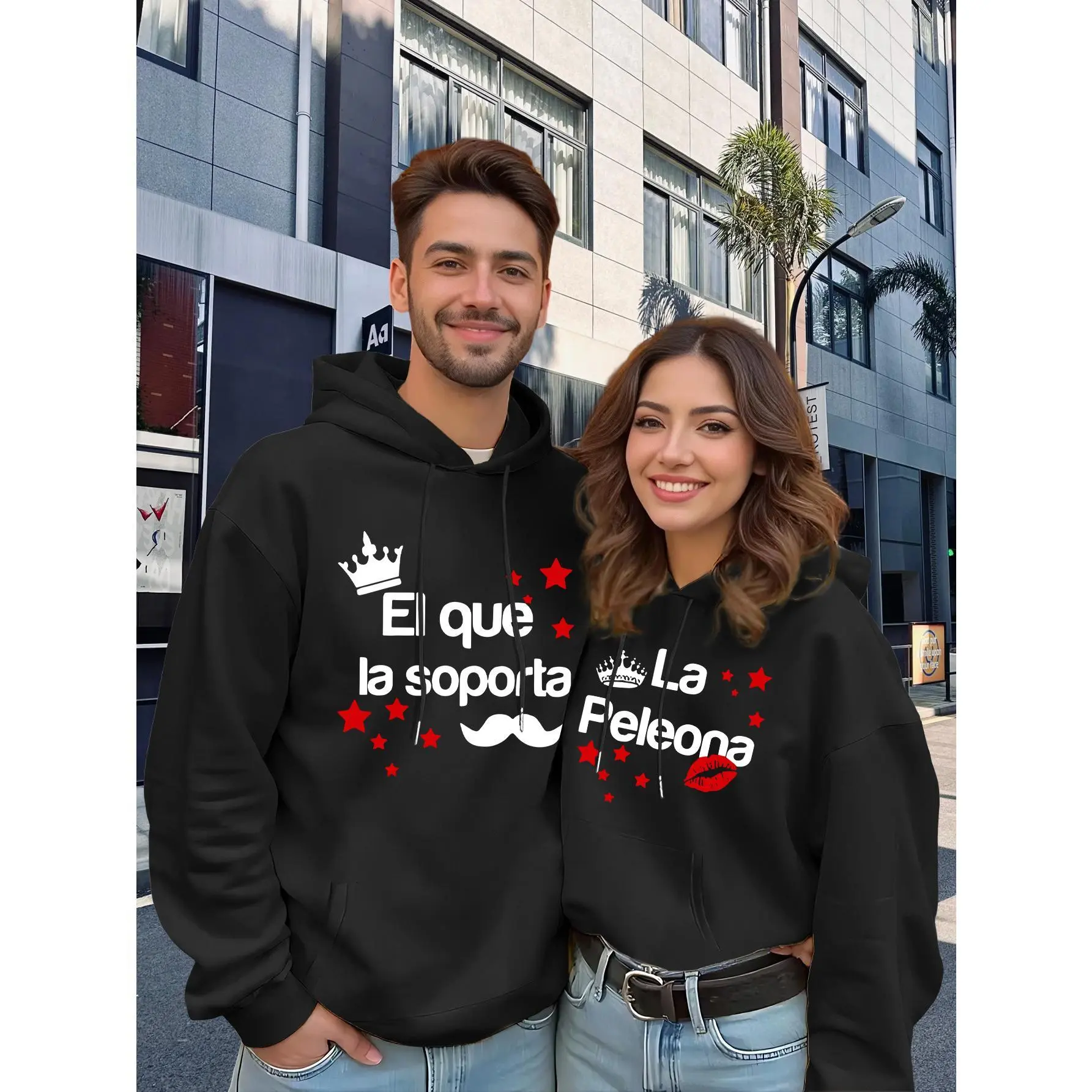 2026 Popular Couple'S Sweatshirts - Warm Hooded Tops for Fall And Winter, Trendy Geometric Love Print, Casual Unisex Outfit