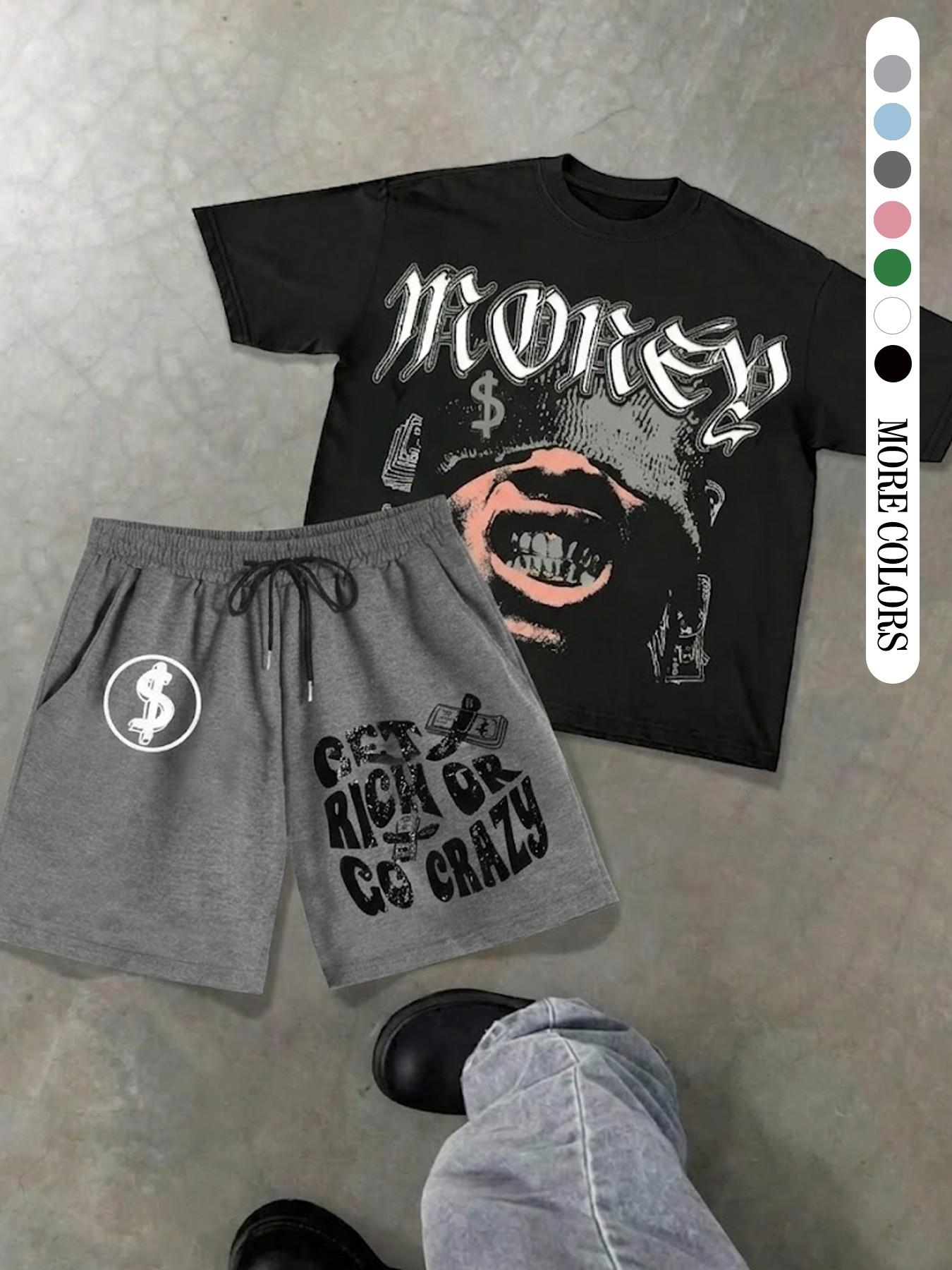 Two-Piece Set Men's Money Print Graphic Short Sleeve Crop Tee & Shorts, Loose Casual Fashion Round Neck T-shirt & Shorts for Daily Outdoor Wear, Men's Clothing for Summer, Menswear