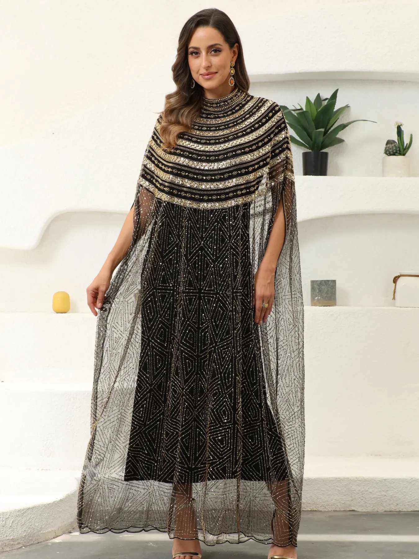 Elegant Beaded Mesh Abaya, Embroidered Arab Robe, High Neck Rhinestone Kuffiya Dress, Muslim Women's Formal Wear, Eid/ Wedding/ Party