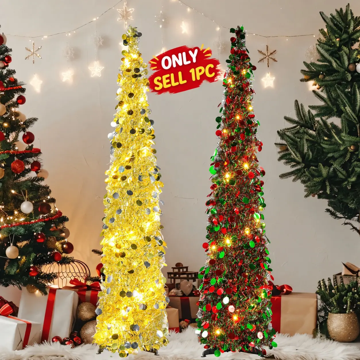 5FT Foldable Christmas Pencil Tree with Red & Green or Gold & Silver Ornaments, Warm White or Multicolor Lights with Timer, 8 Flashing Modes on Warm White Version, Indoor & Outdoor Holiday Decor, Festive Decorations