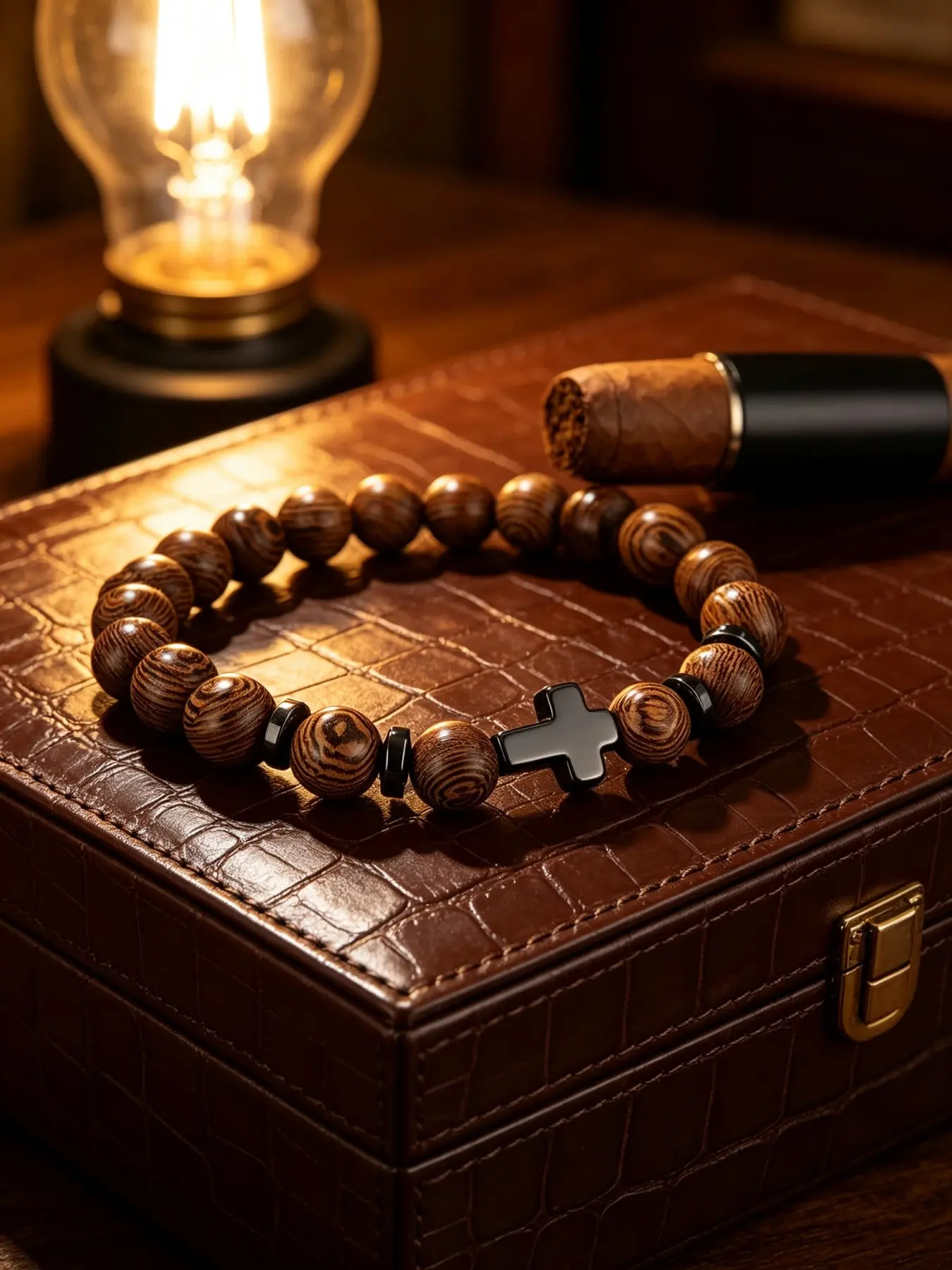 Vintage-Style Wooden Beaded Stretch Bracelet, Textured Wood Round Beads With Metal Cross Spacers, Earth-Tone Casual Fashion Ornament, Perfect for Urban Commute, Weekend Gathering, Layering Styling & Sentimental Religious-themed Presents