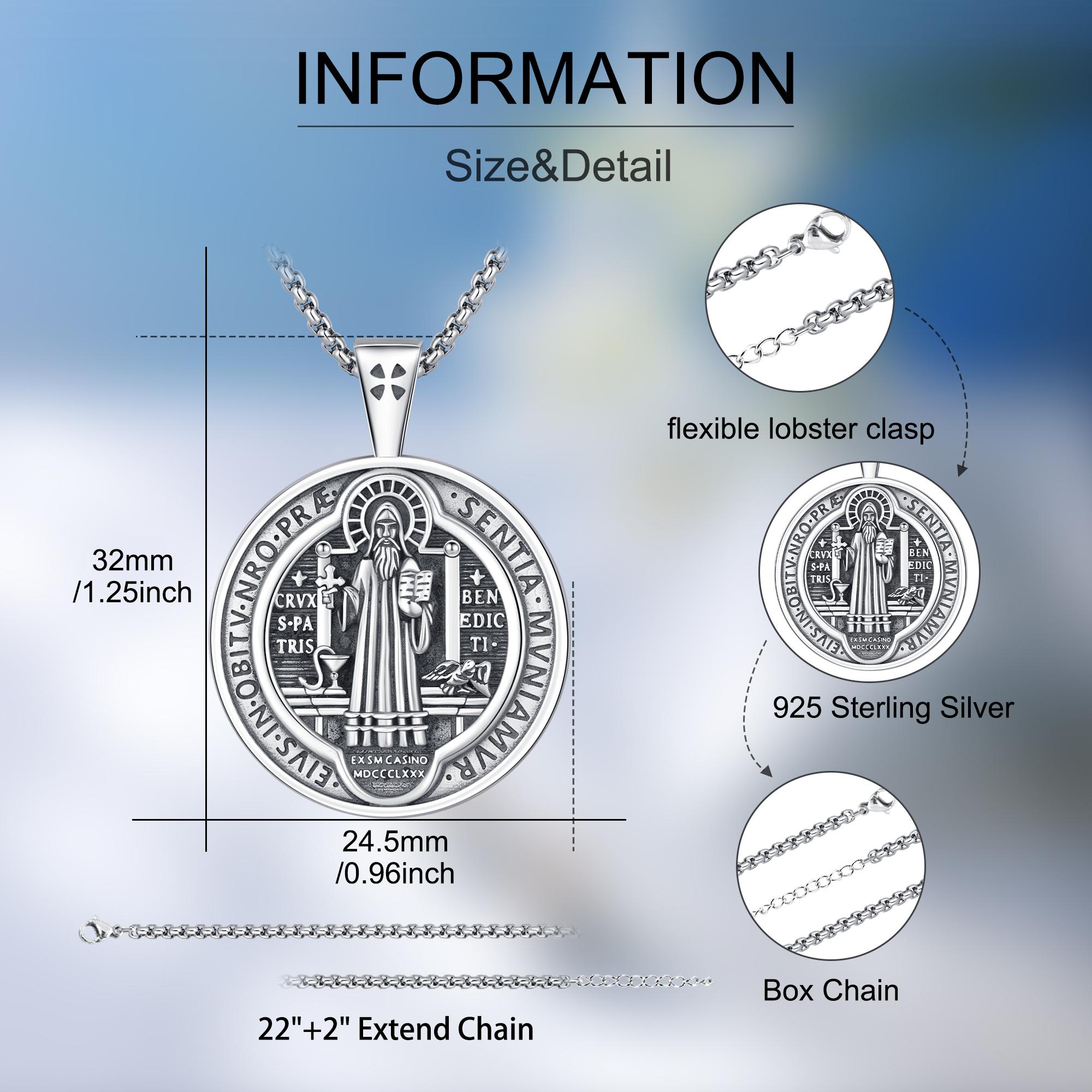 DRINSPER S925 Medalla de San Benito, 925 Sterling Silver St. Benedict of Nursia Vintage Medal Necklace, Protection Cross Sacramental Christian Belief Amulet Exorcism Religious Jewelry Gift for Men Women