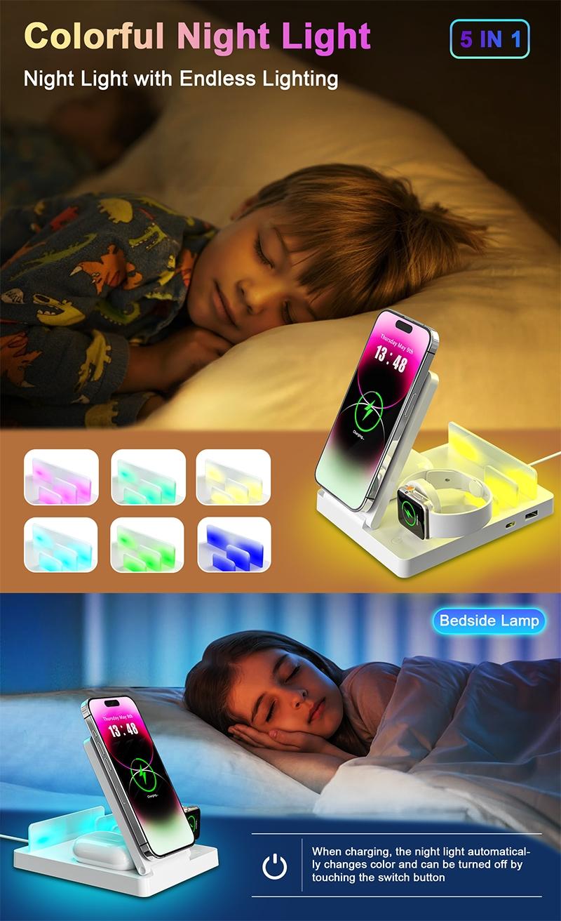 Smart Multi-Device Fast Wireless Charging Station, Foldable Charger Stand, Smart Charging Dock, Compatible with iPhone Samsung Series Apple Watch, Lightweight USB Design