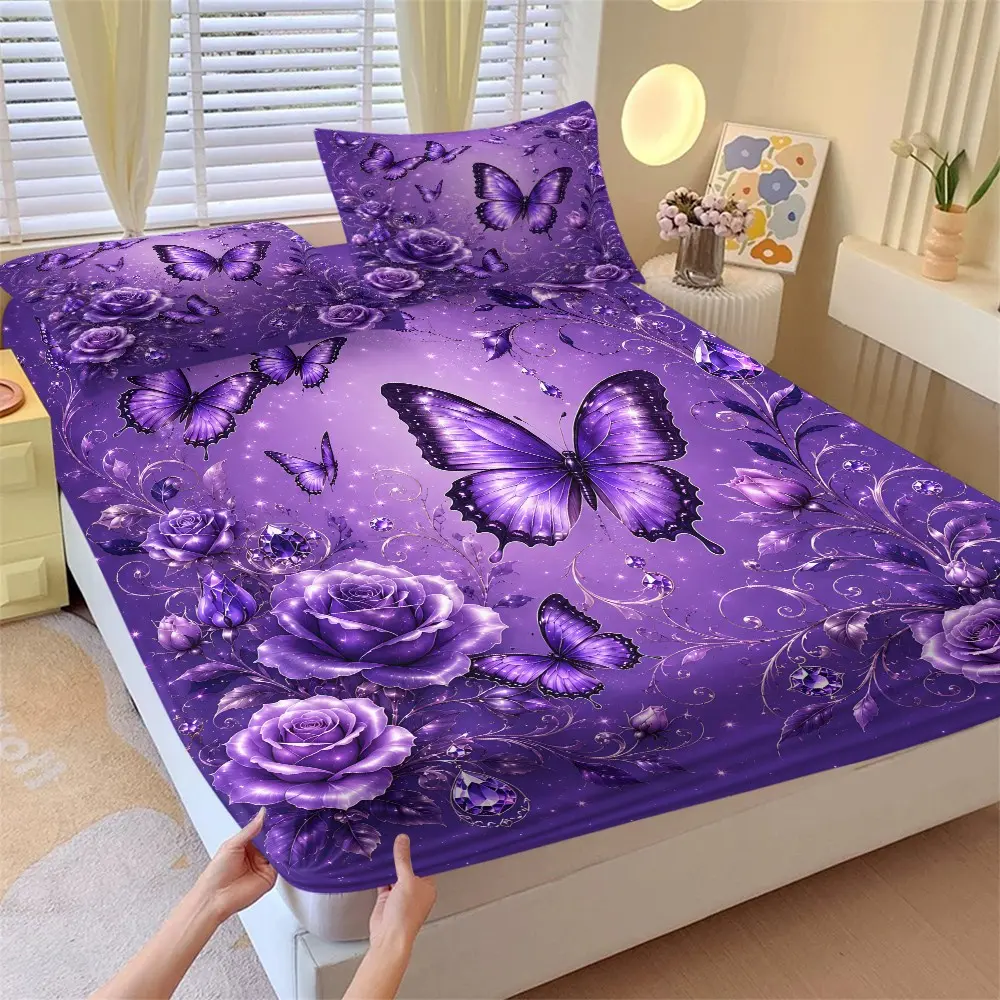 Deep Dreamy Butterfly Rose Bed Sheet Set, Diamond Starlight Glitter Print, Full Mattress Cover, Elegant Girl Style Bedroom Bedding, Twin Pillowcases