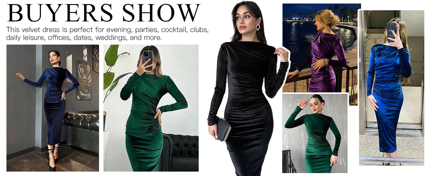 Wenrine Women's Velvet Bodycon Midi Dress Long Sleeve Ruched Elegant Cocktail Party Dresses