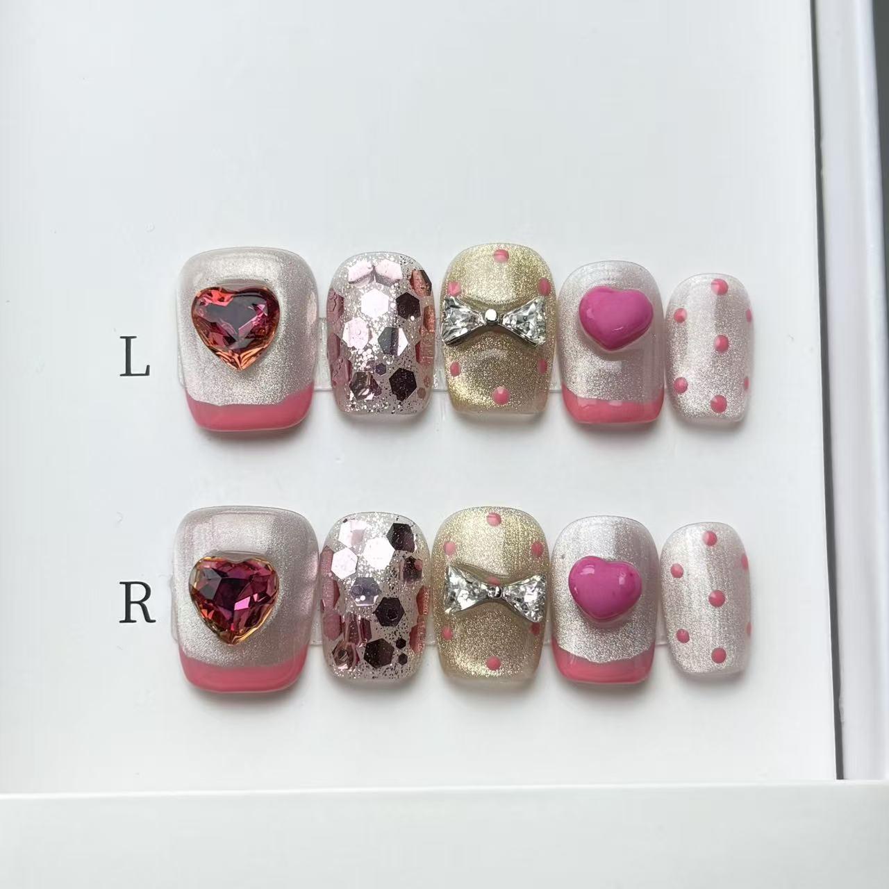 Handmade Pink Heart Charm Press On Nails | Rhinestone Bow Fake Nails | Coquette Valentine's Nail Art 10Pcs