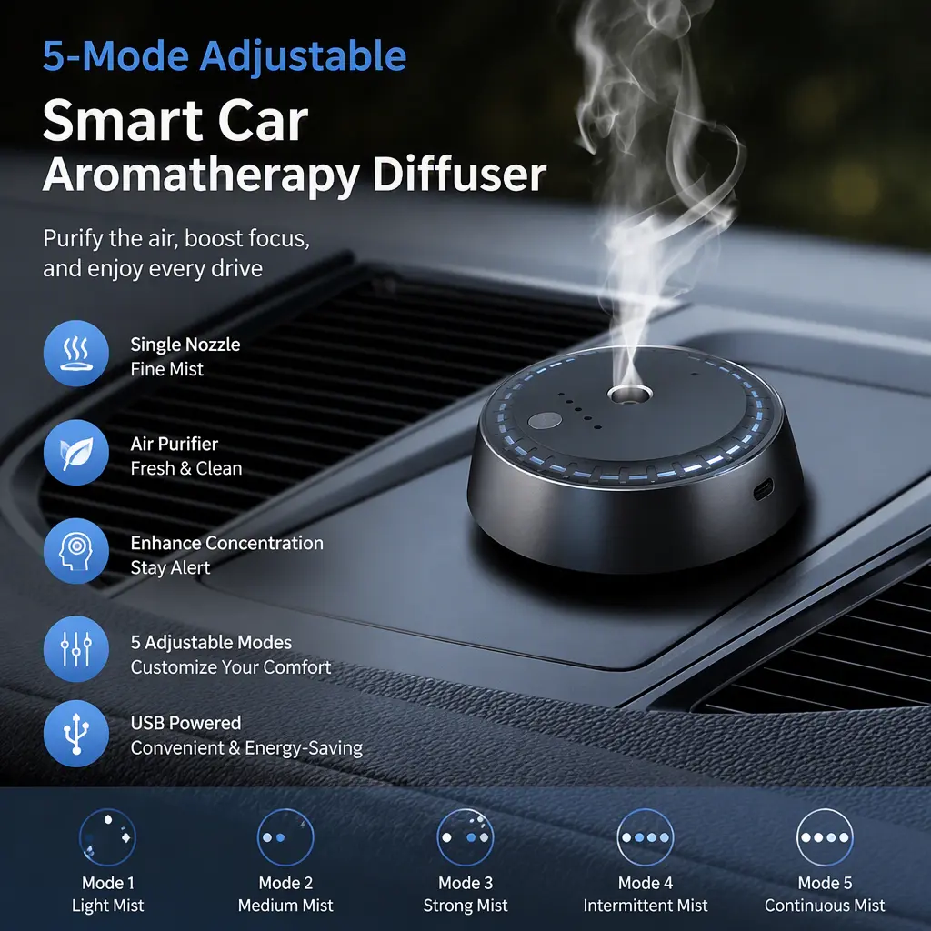 Smart Car Diffuser Air Purifier, 5 Adjustable Working Modes, Single‑Nozzle Aromatherapy, Enhances Driver Concentration