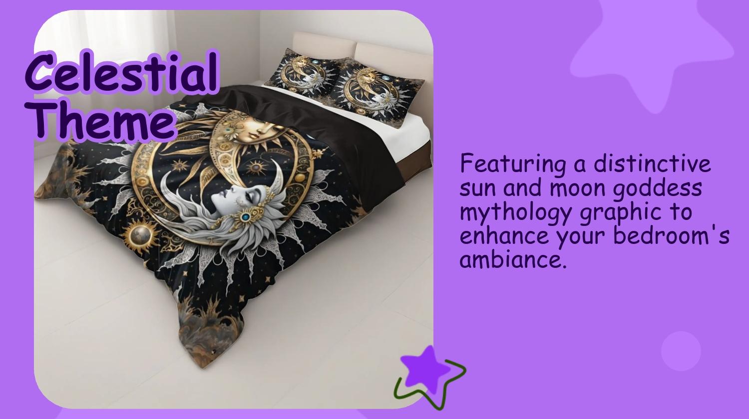 3pcs Sun & Moon Goddess Mythology Decorative Bedding Set, Duvet Cover + 2 Pillowcases, Polyester, Perfect for Mystical Bedroom & Hotel Decor