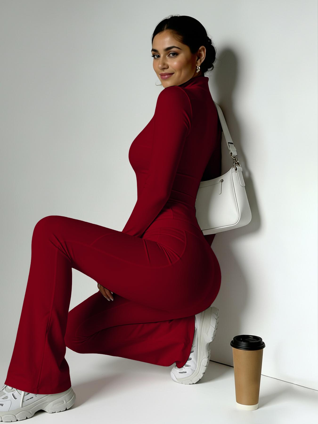 Women's Fashion Two-Piece Set, Slim Fit Long Sleeve Thumb Hole Cuffs, Zipper Front Jacket Style, High Waist Flared Pants, Fall & Winter Casual Wear