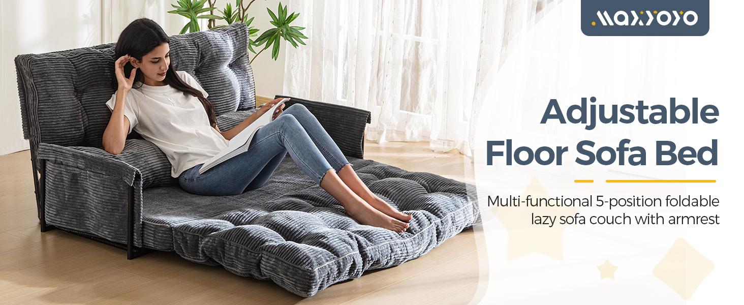 MAXYOYO Adjustable Floor Sofa Couch with 2 Pillows, Multi-Functional Bean Bag Bed, 5-Position Foldable Lazy Sofa Sleeper Bed with Armrest, Versatile Floor Seating for Reading