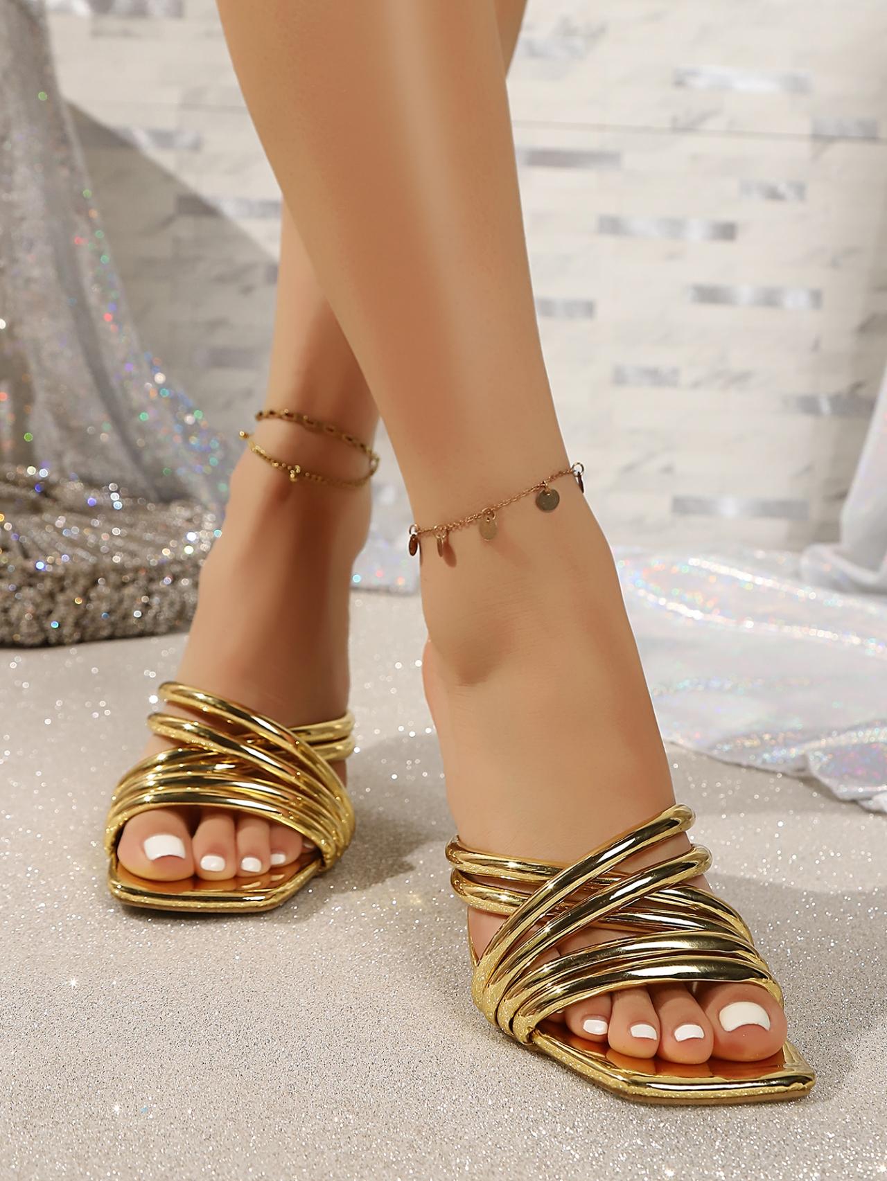 YYW1 Female Casual Slip-On Strap Square Toe Stiletto Sandals - PU Leather Sole, Wide Fit, Outdoor Wear, for Everyday Use (Female Shoes)
