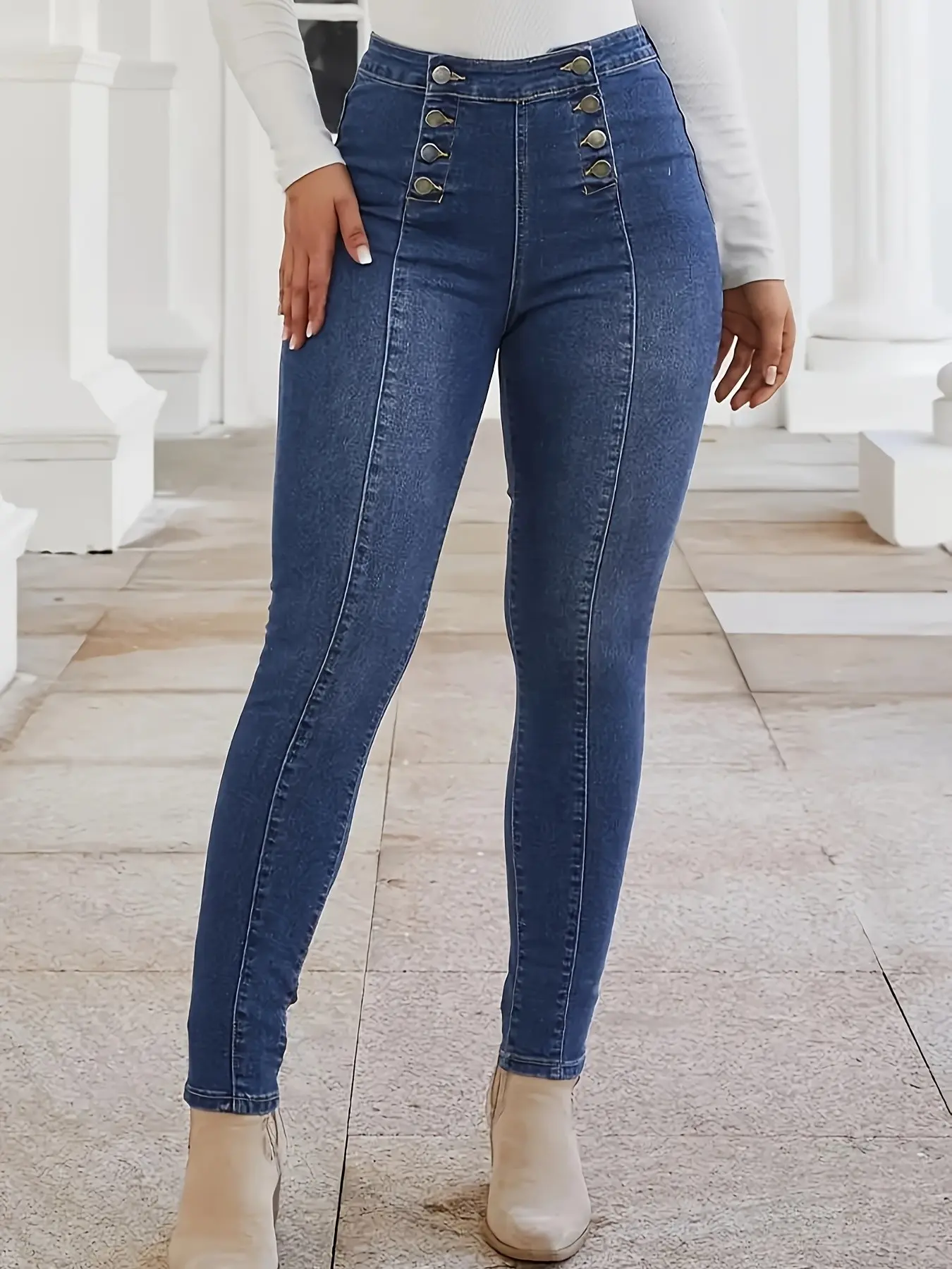 Fashion Classic Women's Double Button Waist-Cinch Butt-Lift Jeans, Casual Daily High-Elastic Slim-Fit Jean Pants, Long or Regular Length