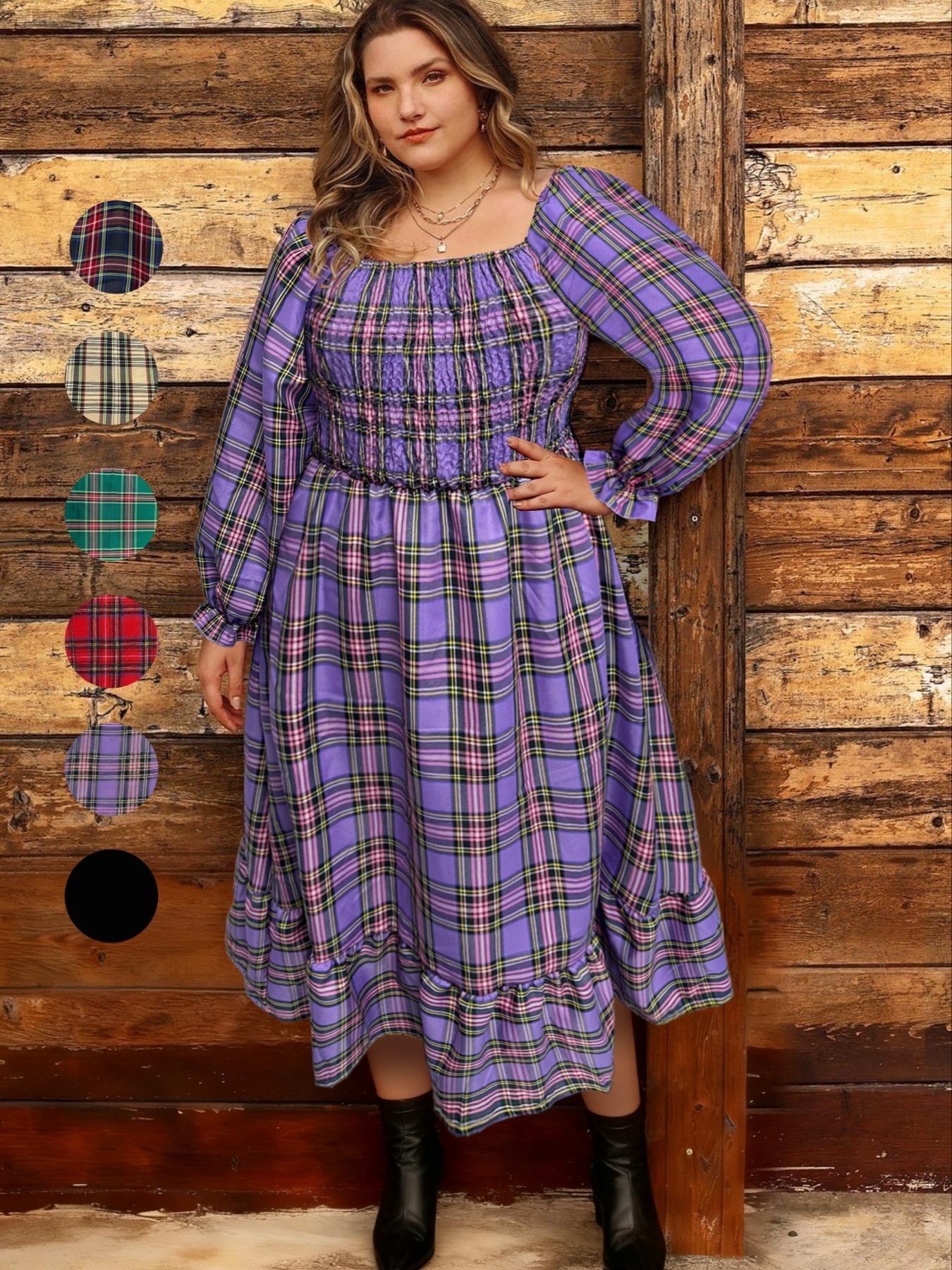 Christmas Plus Size Plaid Long Sleeve Dress for Women, Casual Loose-Fitting A-Line Dress, Fall & Winter Fashion, Comfortable Daily Wear, Boho Fashion Dress