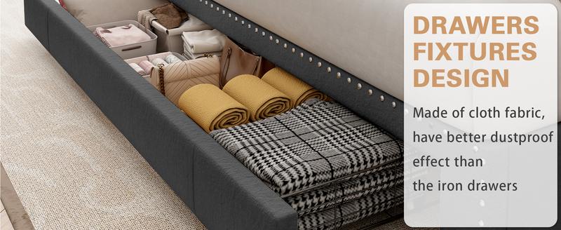 King Size Bed Frame with 3 Drawers, 2-Tier Storage Headbord, Bed Frame with Storage, LED Lights and Charging Station, Upholstered Platform Bed Frame, Wood Slats Support Bedroom Furniture