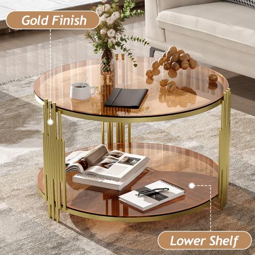 [Bellemave]Modern Black Mirror Coffee Table, Asymmetrical Metal, Circular Metal Drum Base, Gold Finish & Lower Shelf