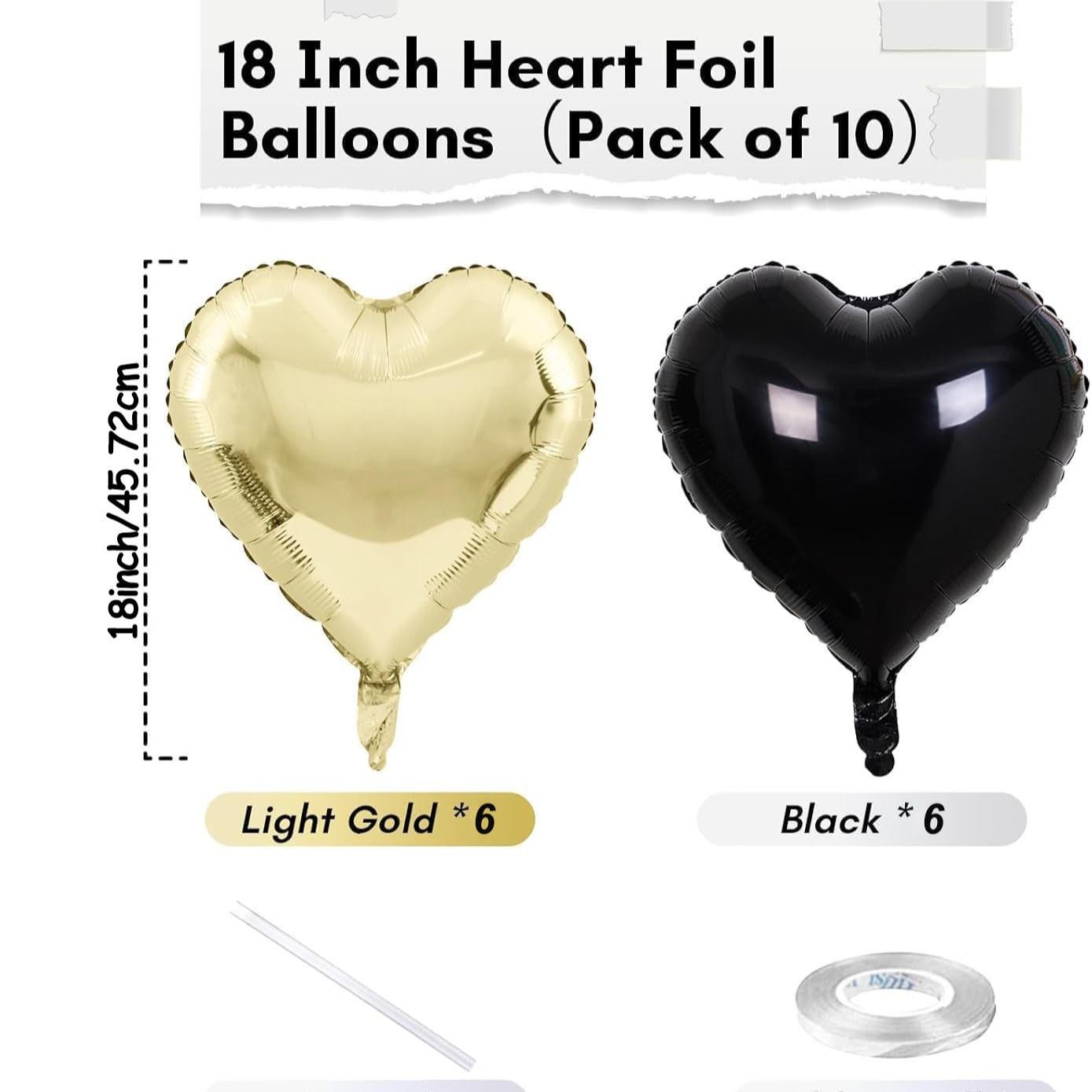 Black gold aluminum foil heart-shaped balloons, 18 inch 10 pack heart-shaped balloons with two accessories, suitable for occasions such as birthdays, graduation ceremonies, Valentine's Day, baby parties, anniversaries, etc.