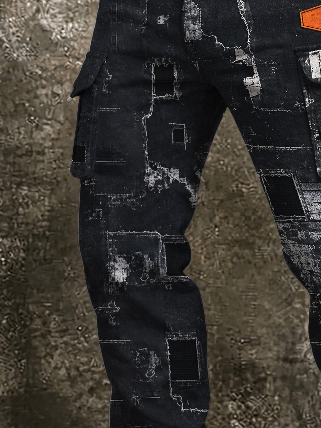 Men's Distressed Cargo Pants, Multi-Pocket Straight Leg Casual Long Pants, American Vintage Streetwear Fashion, Casual Pocket Trousers