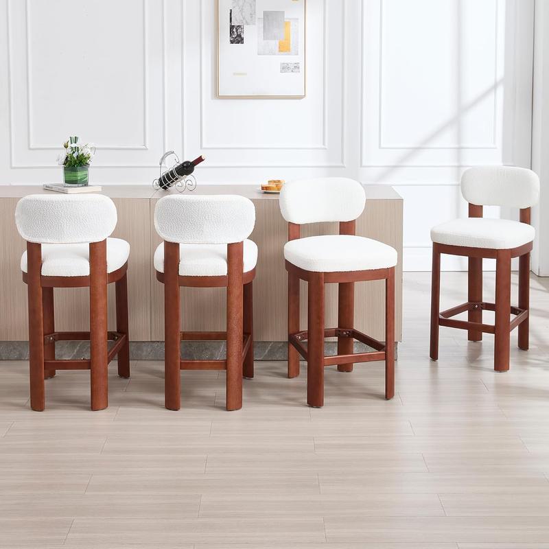 Mid Century Modern Bar Stools Set of 2 – Teddy Fabric Upholstered Chairs with Back, Counter Height, White Fabric & Brown Legs for Kitchen/Dining