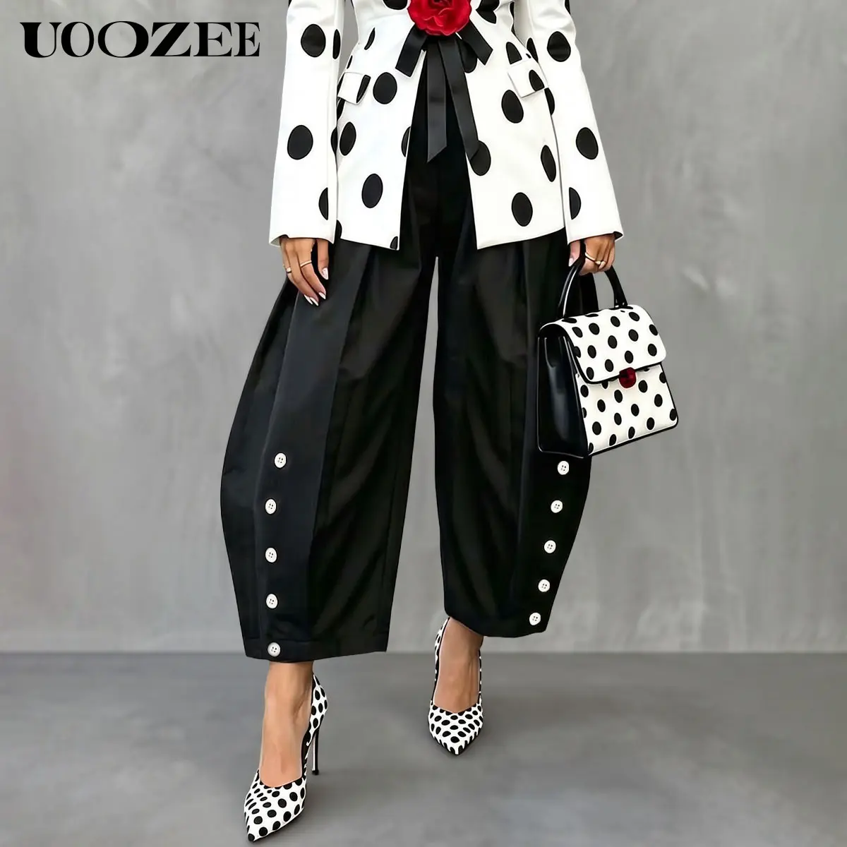 UOOZEE Women 100% Cotton Pleated Balloon Pants(Only), Elastic Back Waist Button Detail Wide Leg Harem Pants With Pockets, Summer To Fall Casual Barrel Pants, Transition Outfit Bottoms For All Seasons