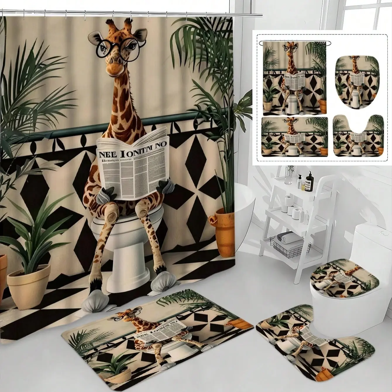 4pcs Crouching Giraffe Cartoon Print Waterproof Shower Curtain Set, Includes 12 Hooks, Anti-Slip Mat, U-Shaped Mat, And Round Toilet Lid Cover, Thick Polyester, Solve Bathroom Water Accumulation Problems