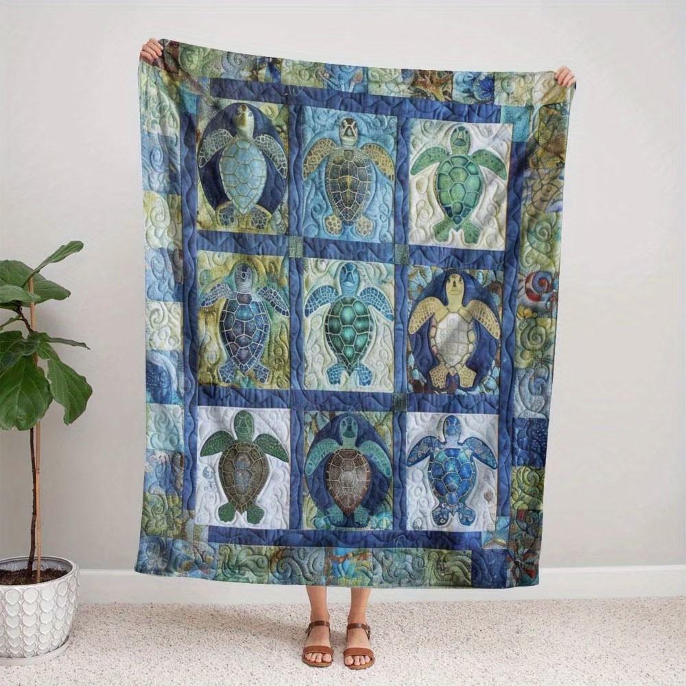 Comfortable Turtle Patchwork Flannel Blanket, Soft Warm Vibrant Design, Unique Blue Quilted Pattern, Vintage Style
