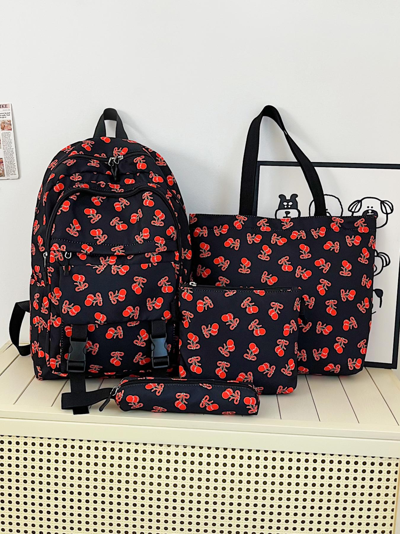 4pc  women's backpack solid color backpack cherry print fashionable and versatile casual trend suitable for students to go to school, campus, travel, shopping, multi-purpose women's backpack Stylish Casual Daypack
