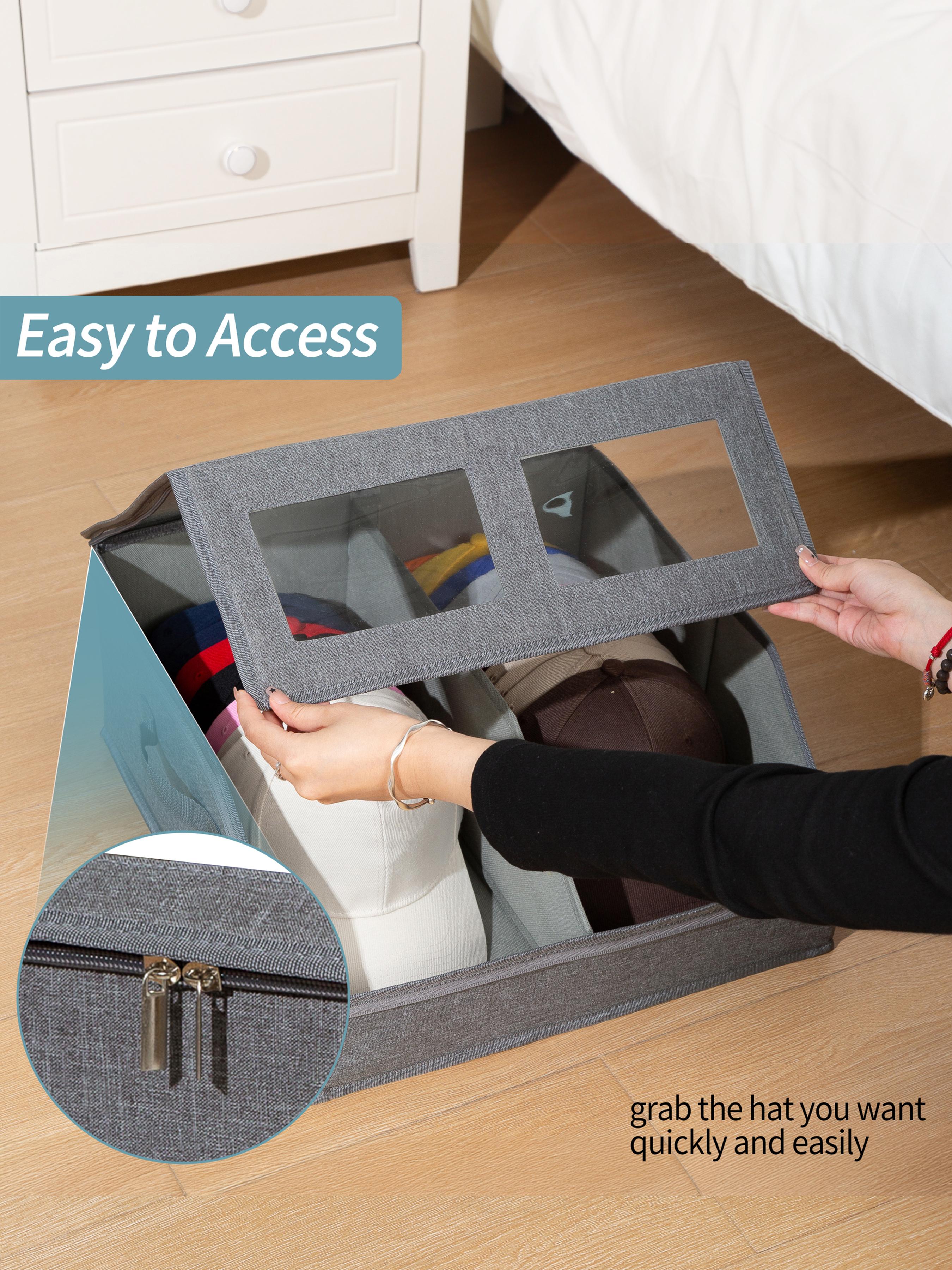 2 PCS Stackable Clear Hat Storage Boxes for Baseball Caps - Holds Up to 48 Caps, with Drawer & Flip-Top Access, Sturdy Cardboard & Breathable Fabric, Space-Saving Organizer for Closet/Shelf, Durable Storage Organizer, Suitable for Women & Men