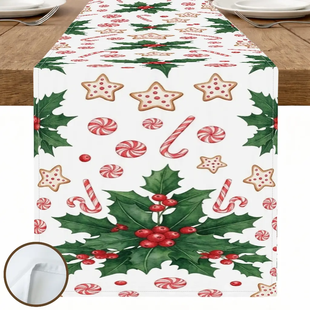 1pc Holly Candy Cane & Gingerbread Man Table Runner, Vintage Christmas Style, for Dining Table, Kitchen, Christmas Dinner & Holiday Gathering, Christmas Table Decoration and Festive Home Decor