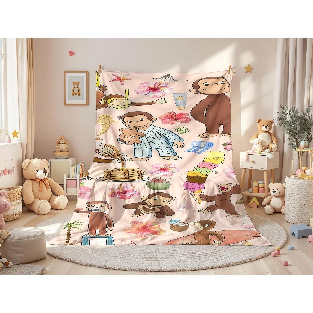 Curious George Printed Scenes Fleece Blanket - Tropical & Pajama Collage, Beach Surf Adventure Design, Plush Kids Throw for Children Rooms, Cozy Nook Kid Snuggles